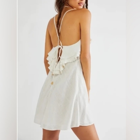 Free People Revolve Love Forever Mini Dress IvoryvSize Large Ruffled Keyhole Tie - Picture 2 of 16